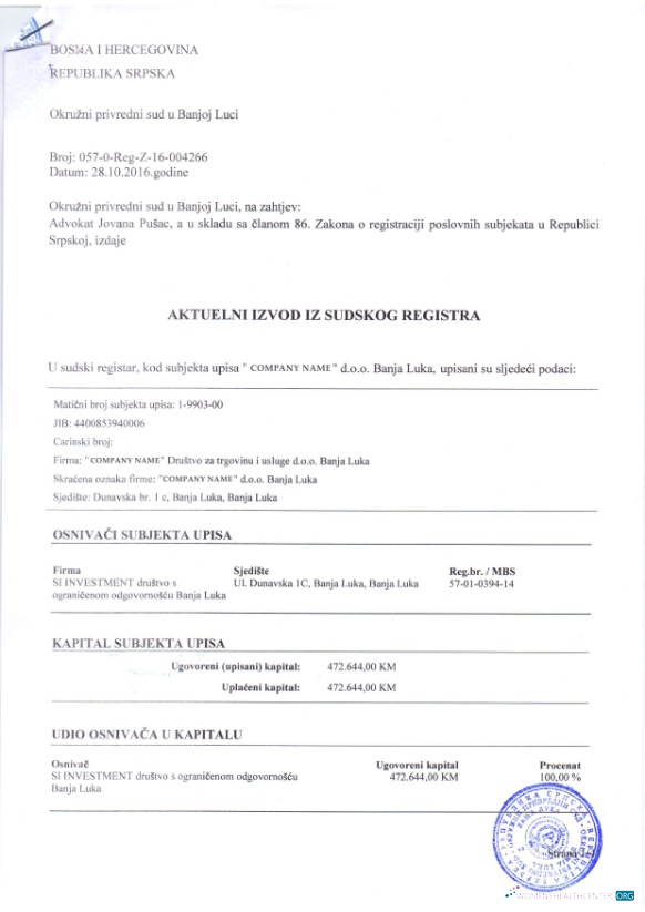 Download Bosnia and Hercegovina Certificate of Registration Photoshop template